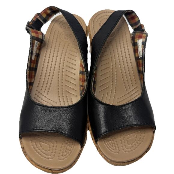 Crocs Womens A-Leigh Sandal Size 7 Black Leather Cork Wedge Heel Slingback Shoe - Picture 2 of 7